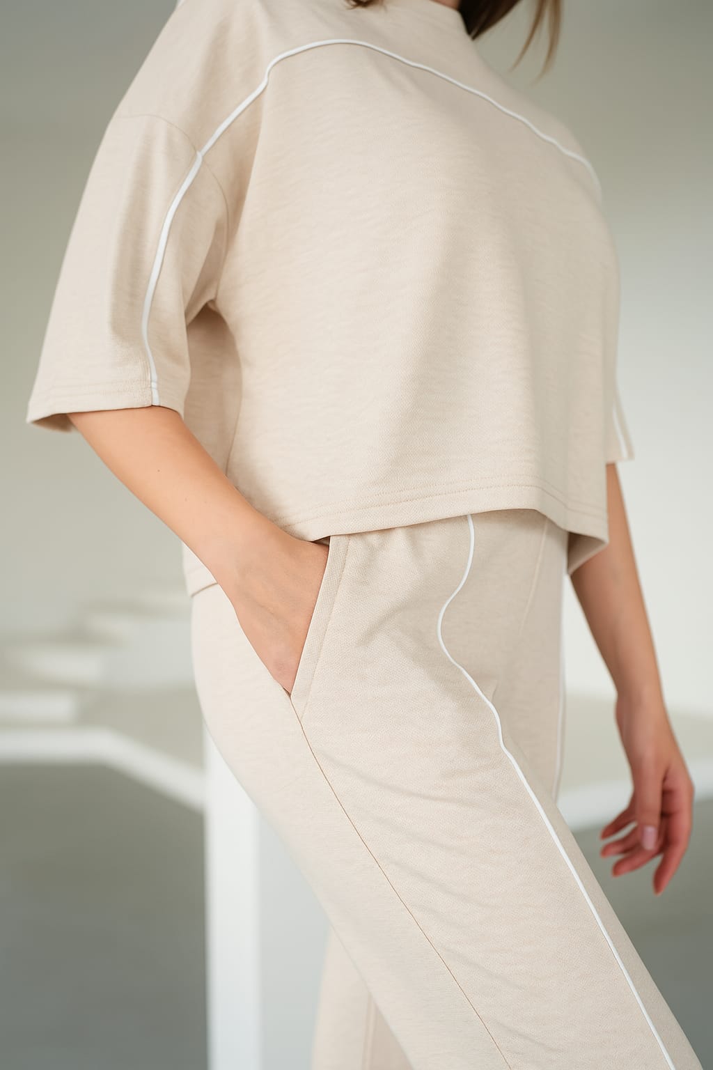 BEJ KADIN MODAL KUMAŞ BİYELİ EŞOFMAN TAKIM ek resim